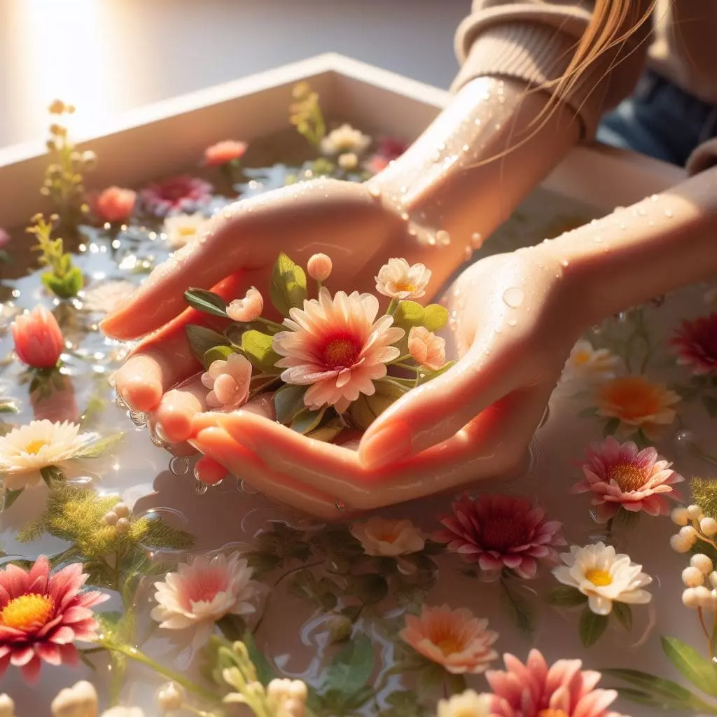 Mãos segurando algumas flores com água